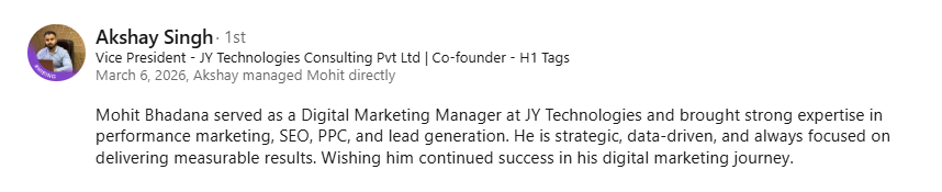 reviews for mohit bhadana as a Digital marketing manager
